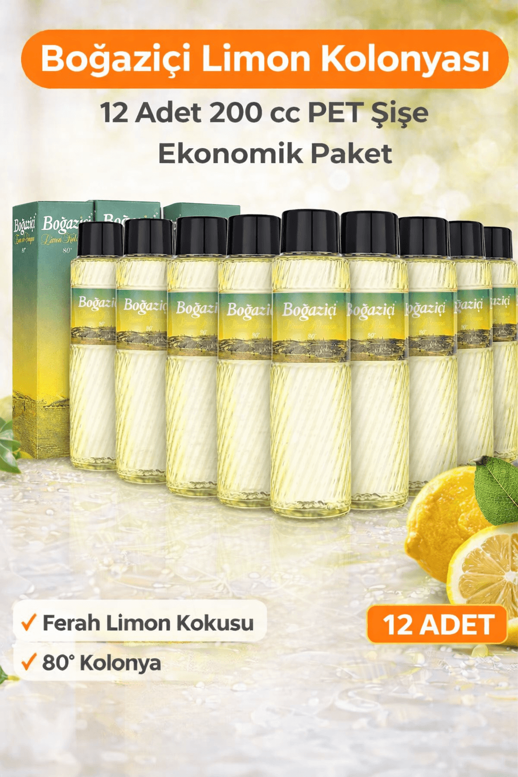 Boğaziçi Limon Kolonyası 200 cc PET Şişe 12 Adet 80° Limon Kokulu Kolonya Ekonomik Çoklu Paket