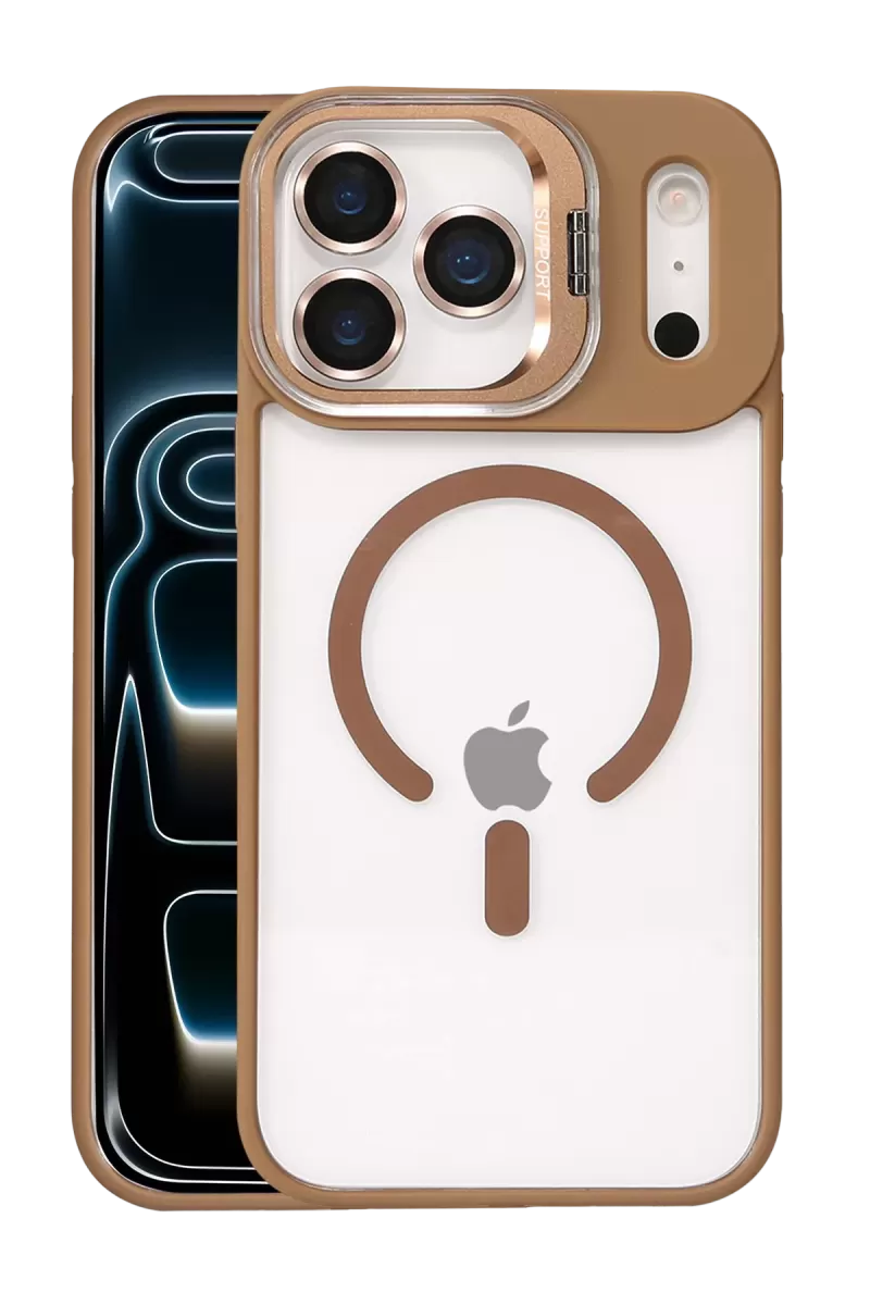 iPhone 17 Pro Max Remim Lensli Magsafe Standlı Kapak - Kahverengi