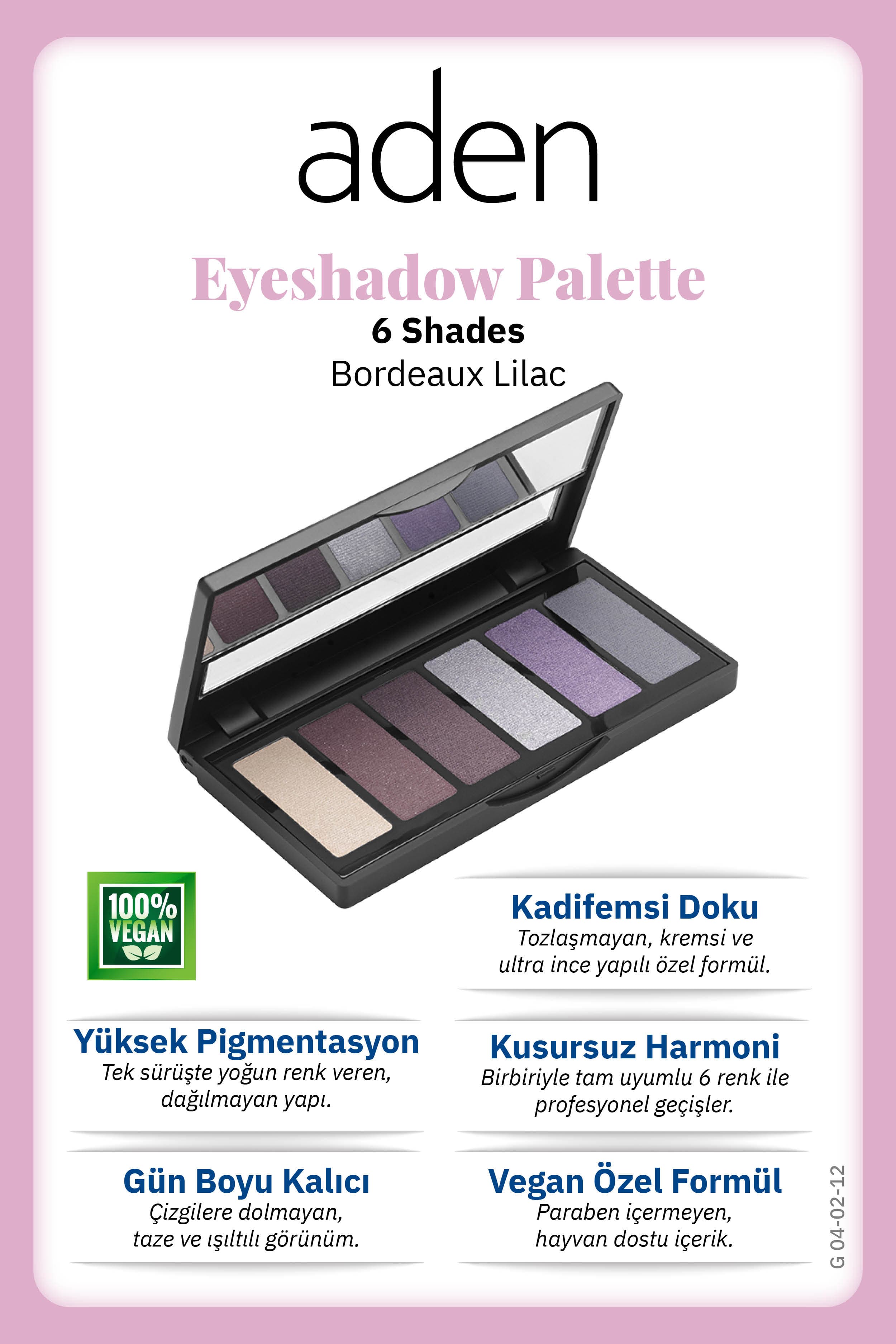 Aden Eyeshadow Palette 6 Shades - 6'lı Göz Farı Paleti Bordeaux Lilac(Mürdüm Lila)