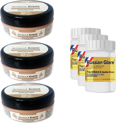 Three Brand Whitening Cream 50 ml Arnavut Kremi Aklık Kremi 3 Adet + Russıan Glare Tüy Dökücü Azaltıcı Merhem 50 ml 3 Adet