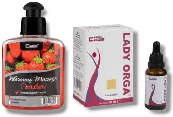 Caas Çilek Aromalı  Isıtıcılı Cinsel Masaj Yağı 100 ml + Lady Orga Kadınlara Özel Damla