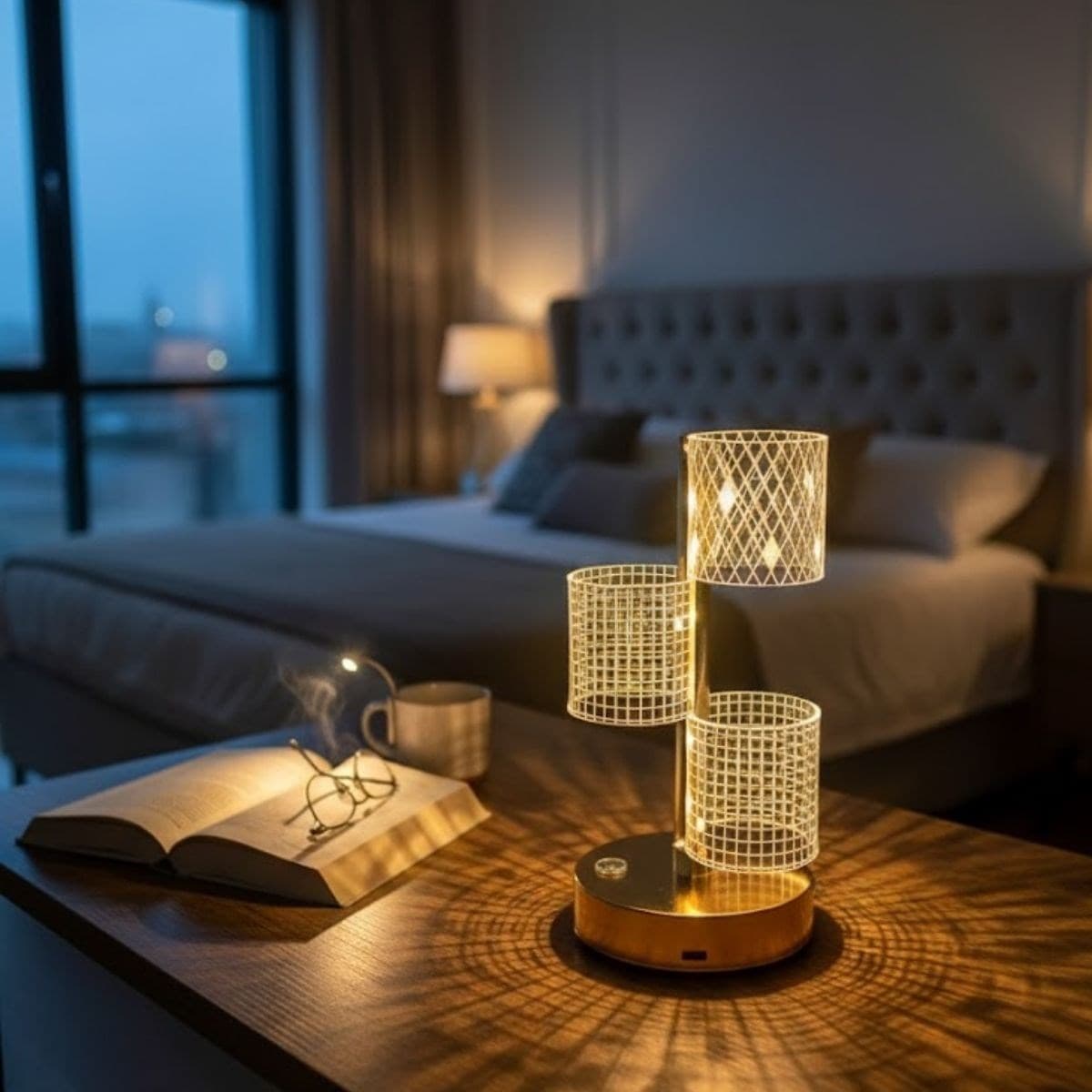 3 Parça Silindirik Kristal Ekose Kareli LED Masa Lambası – Gold Gövdeli, Dokunmatik, 3 Kademe Işık Ayarlı Şarjlı Dekoratif Lamba