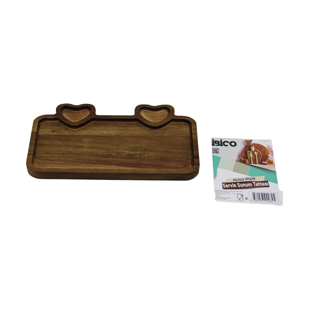 AKASYA DİKDÖRTGEN 3 BÖLMELİ=2İN1 KALP BÖLME+1 AHŞAP SERVİS SUNUM TEPSİ - TAHTASI 25 X 14 X 1.4CM