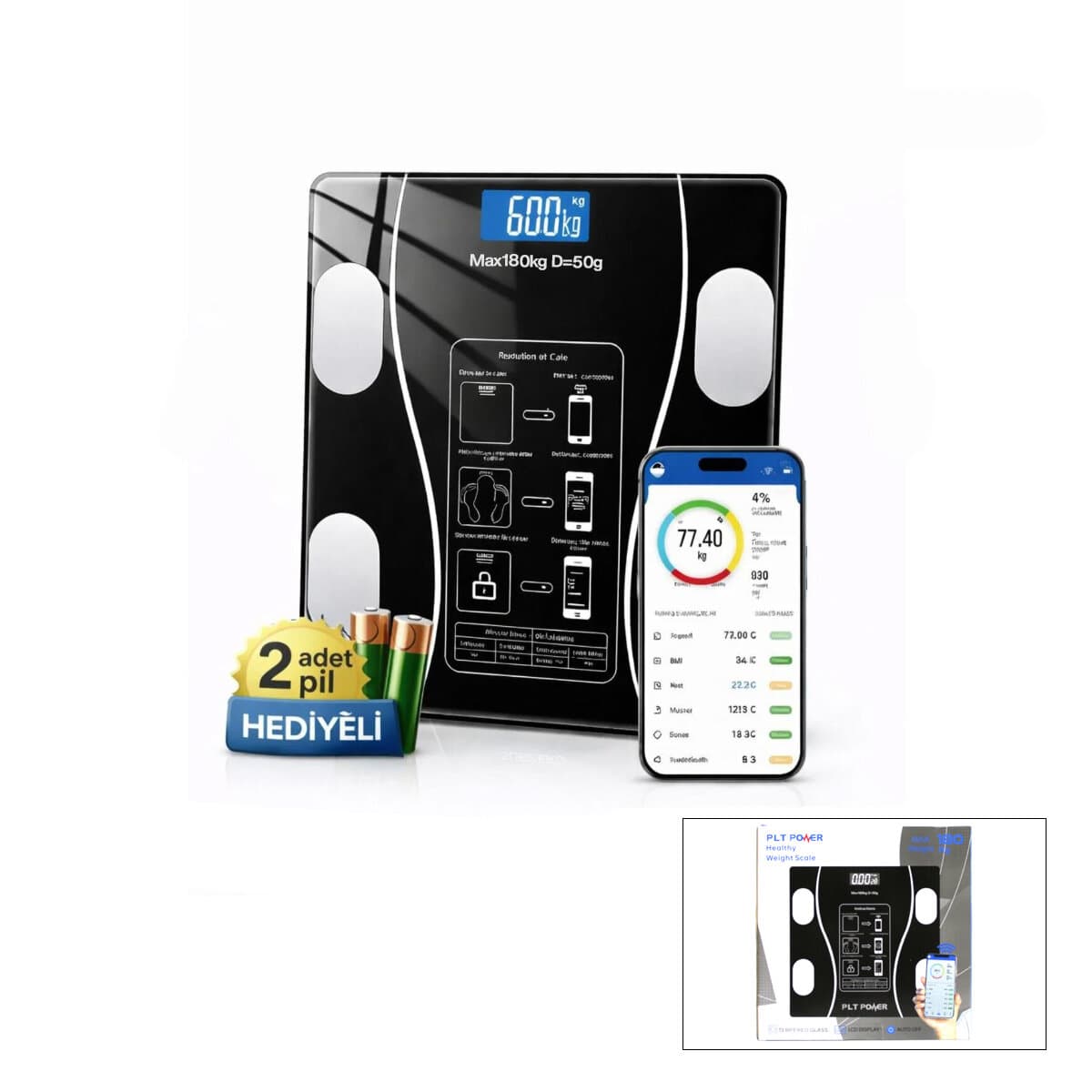 BLUETOOTH - VÜCUT ANALİZLİ DİJİTAL BASKÜL TERAZİ TARTI 180KG/50G YAĞ -SU -KAS ORAN -BMI