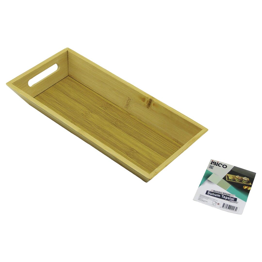 DİKDÖRTGEN=16X35CM DERİN=4.5CM AHŞAP BAMBU SUNUM TEPSİSİ ÇİFT OYMA KULPLU