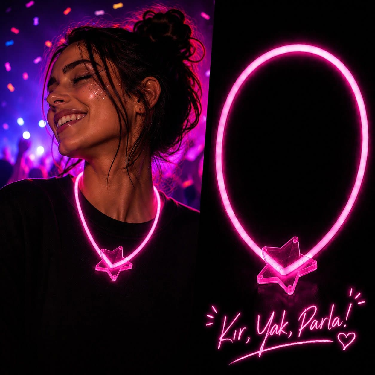 Fosforlu Yıldız Parti Kolyesi – Neon Işıklı Kolye Pembe Renk
