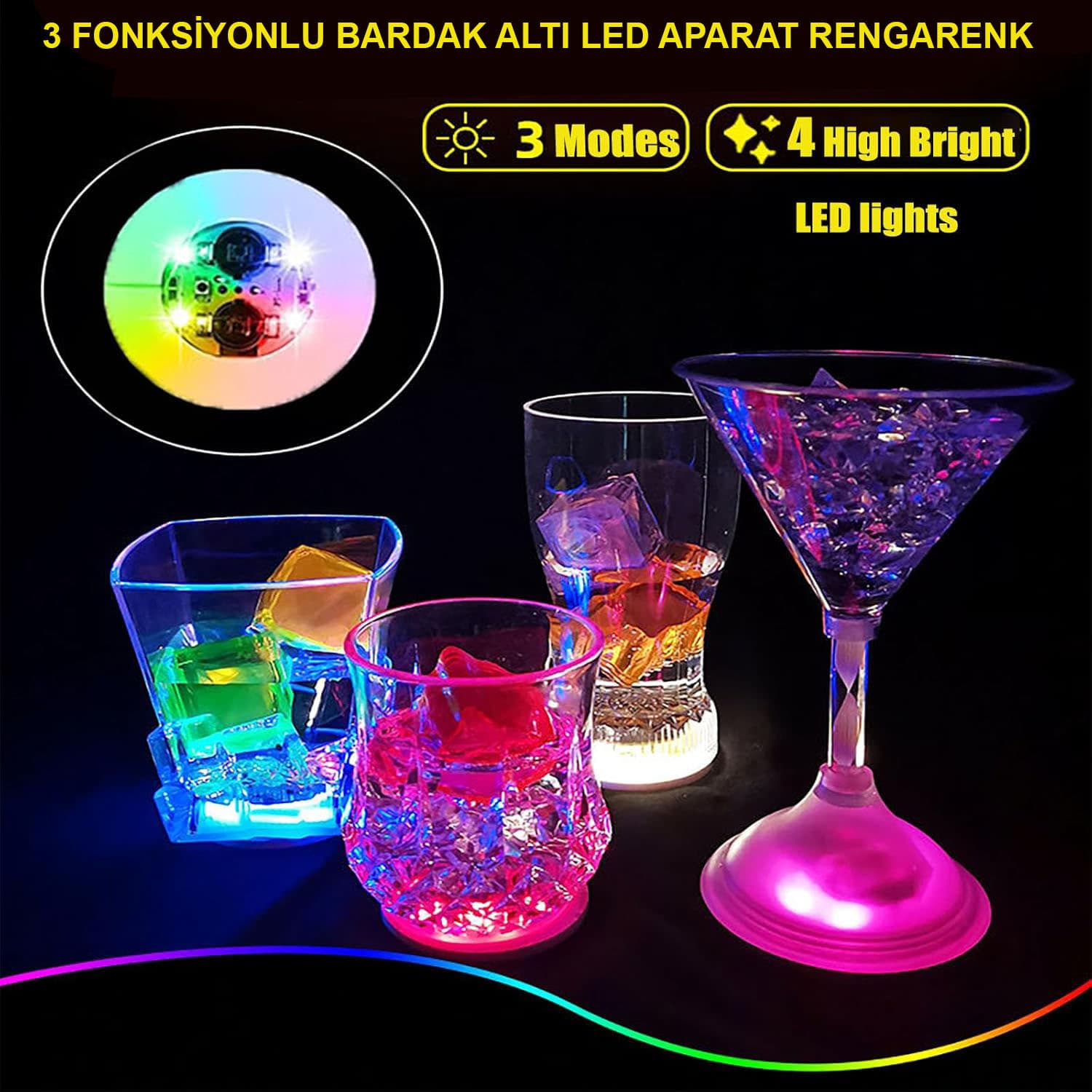 Işıklı Yapışkanlı Bardak Altı Aparatı Ledli 3 Fonksiyonlu 6 cm Çap