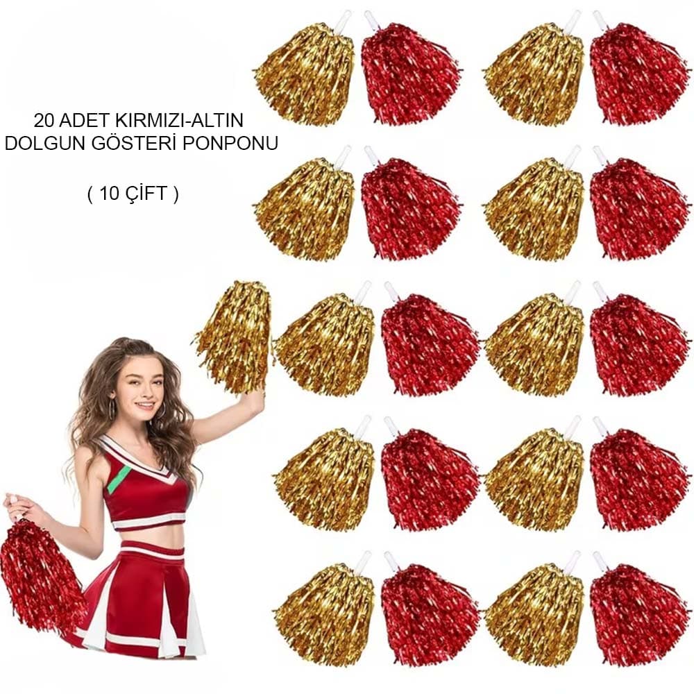 Kırmızı Altın Metalik Dolgun Gösteri Ponponu 20 Adet