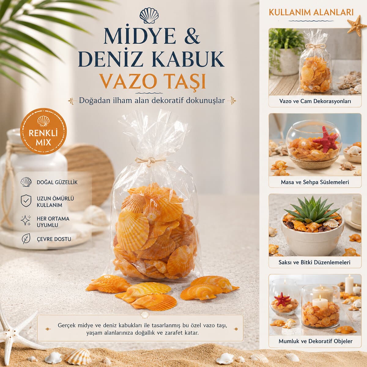 POŞETLİ RENKLİ MİX MİDYE - DENİZ KABUK VAZO TAŞI