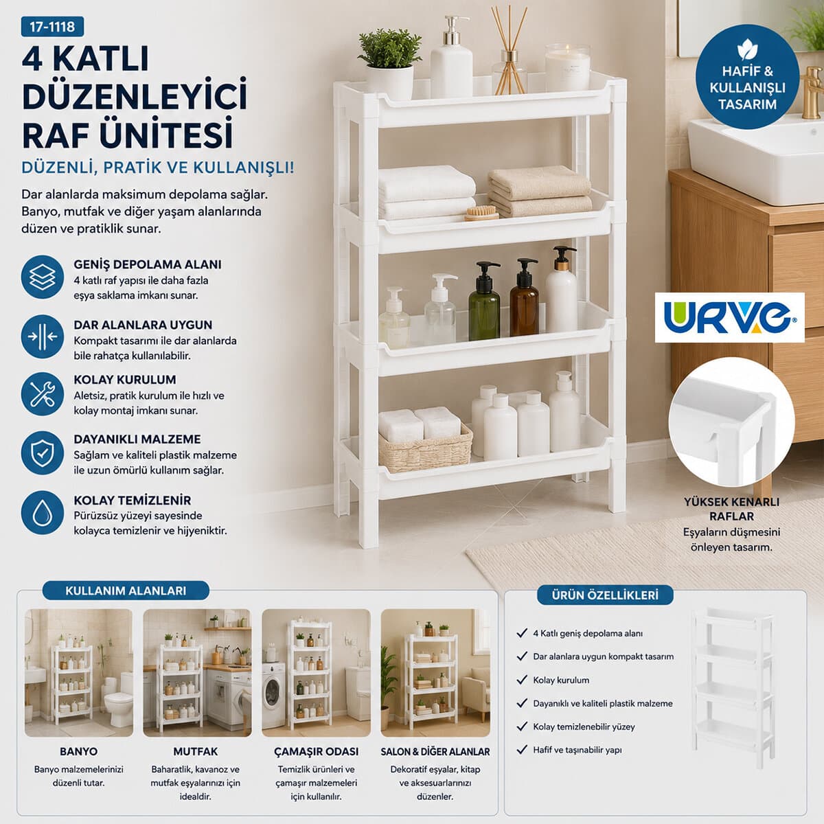 RAFTY 4 KATLI SEPET ORGANİZER DÜZENLEYİCİ RAF ÜNİTESİ 465X145X690MM
