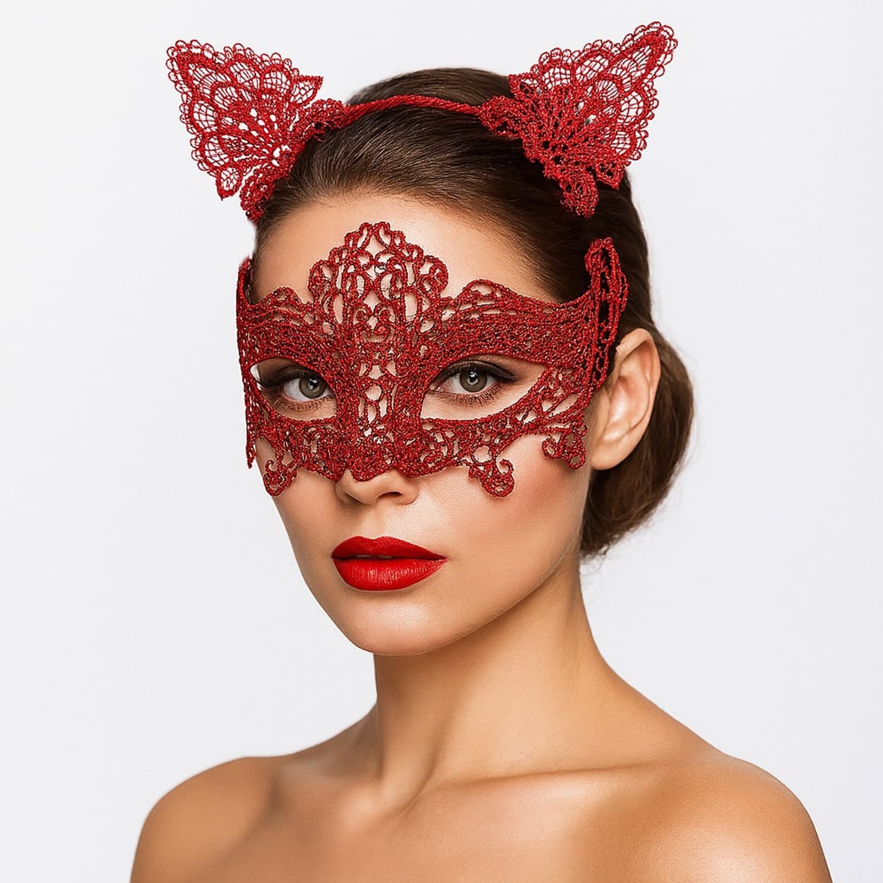 Romantik Kırmızı Dantel Maske Seti – Kedi Kulaklı Taç ve Maske 3 No