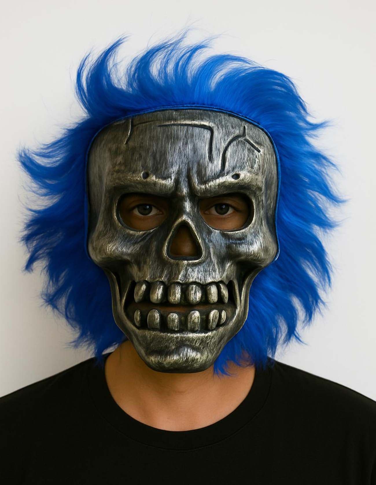 Wild Skull - Gümüş Kafatası Mavi Saçlı İskelet Maske