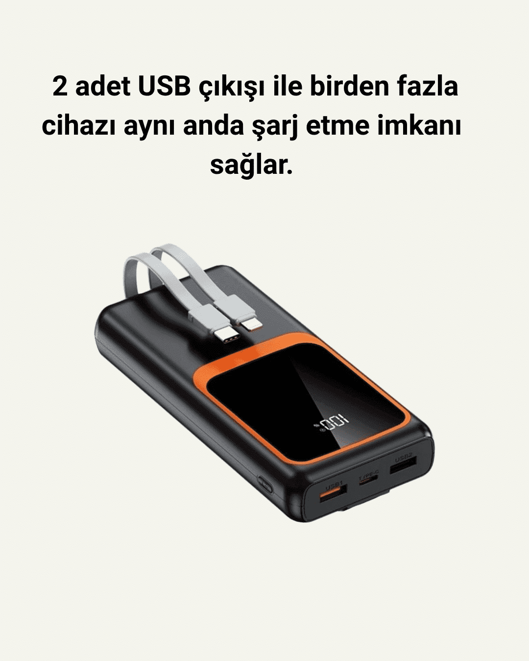 20.000 mAh Taşınabilir Şarj Cihazı Dijital Göstergeli Kablolu Powerbank