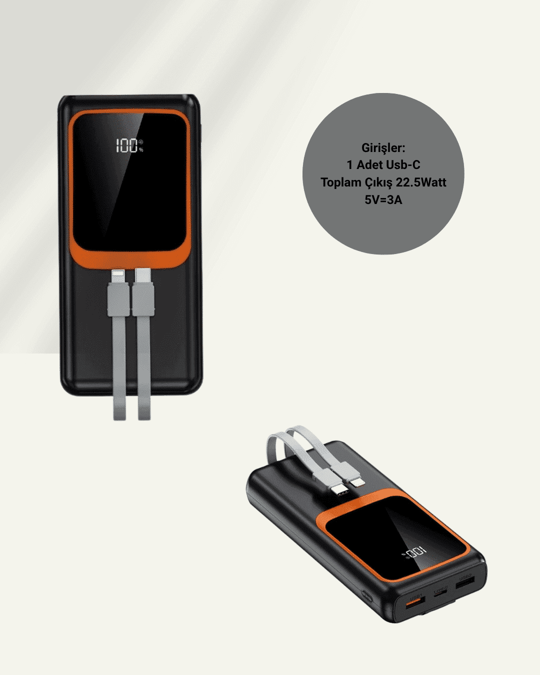 20.000 mAh Taşınabilir Şarj Cihazı Dijital Göstergeli Kablolu Powerbank