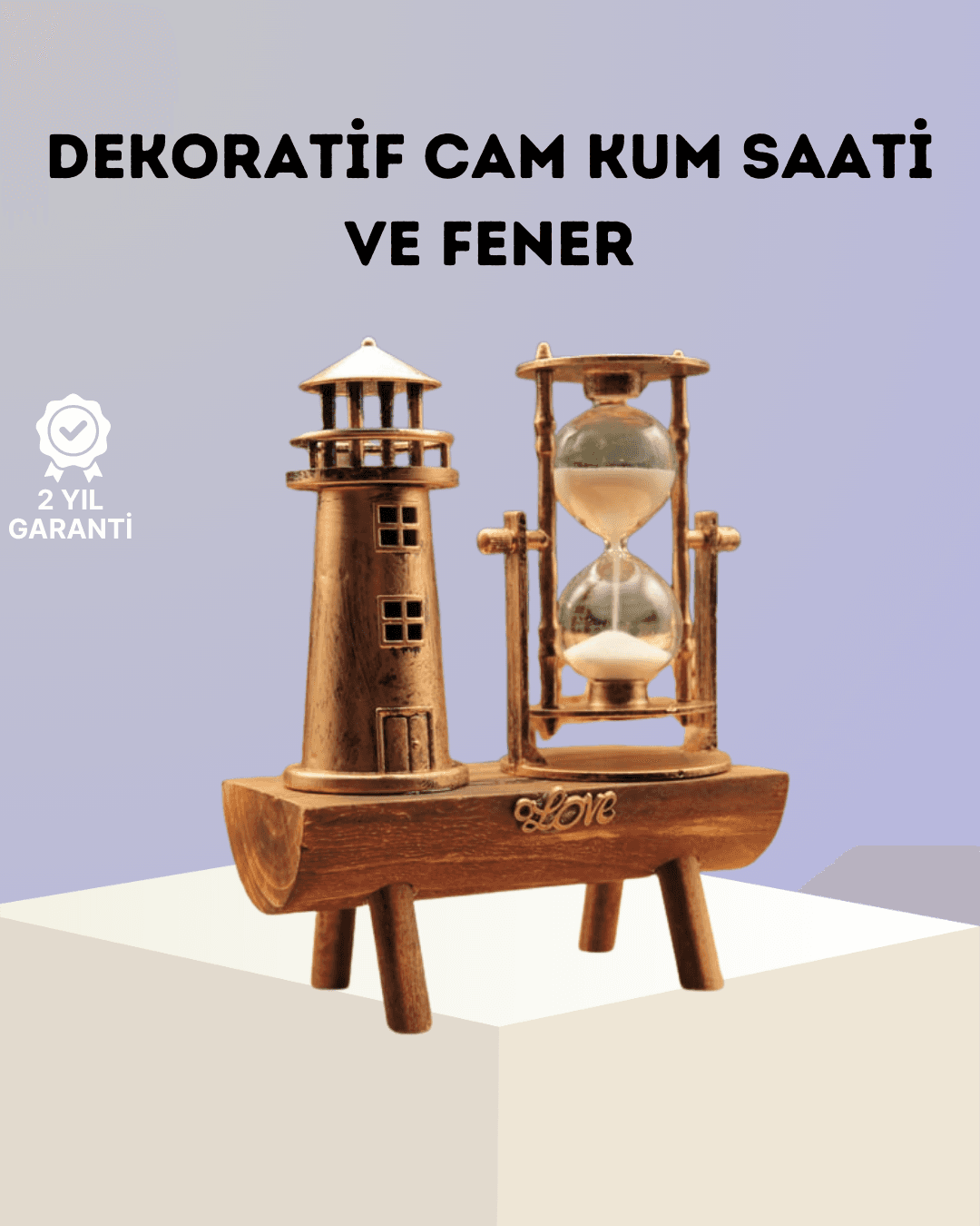 Dekoratif Ahşap Kum Saati ve Deniz Feneri Figürlü Masa Süsü – Şık ve Fonksiyonel Tasarım
