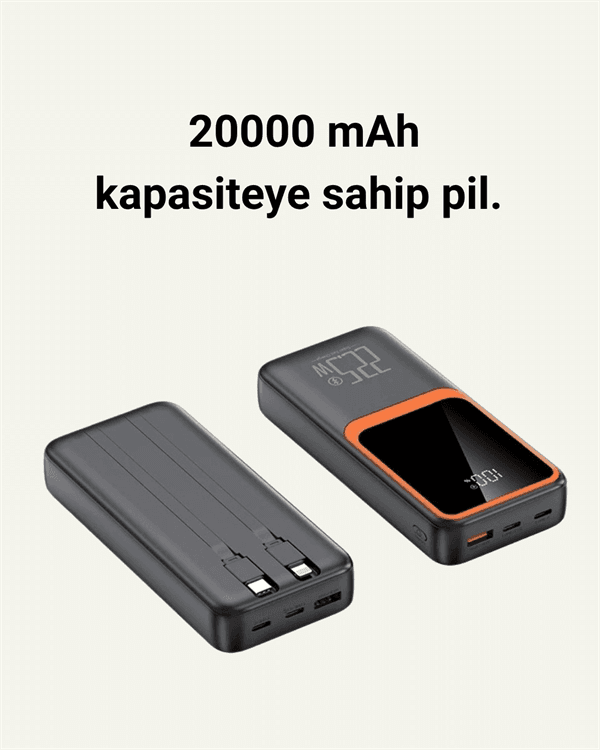 20.000 mAh Powerbank – 22.5W Hızlı Şarj, Çok Kablolu, Dijital Göstergeli