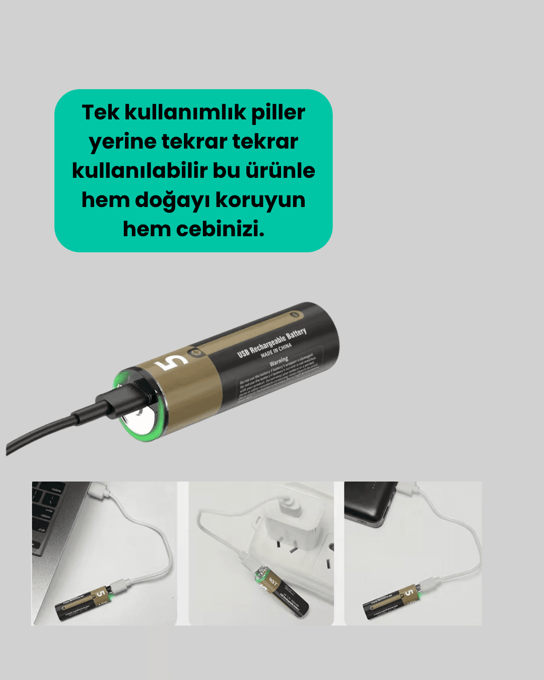 Type-C USB ile Hızlı Şarj Edilebilir AA Kalem Pil | 1.5V Lityum | Çiftli Paket