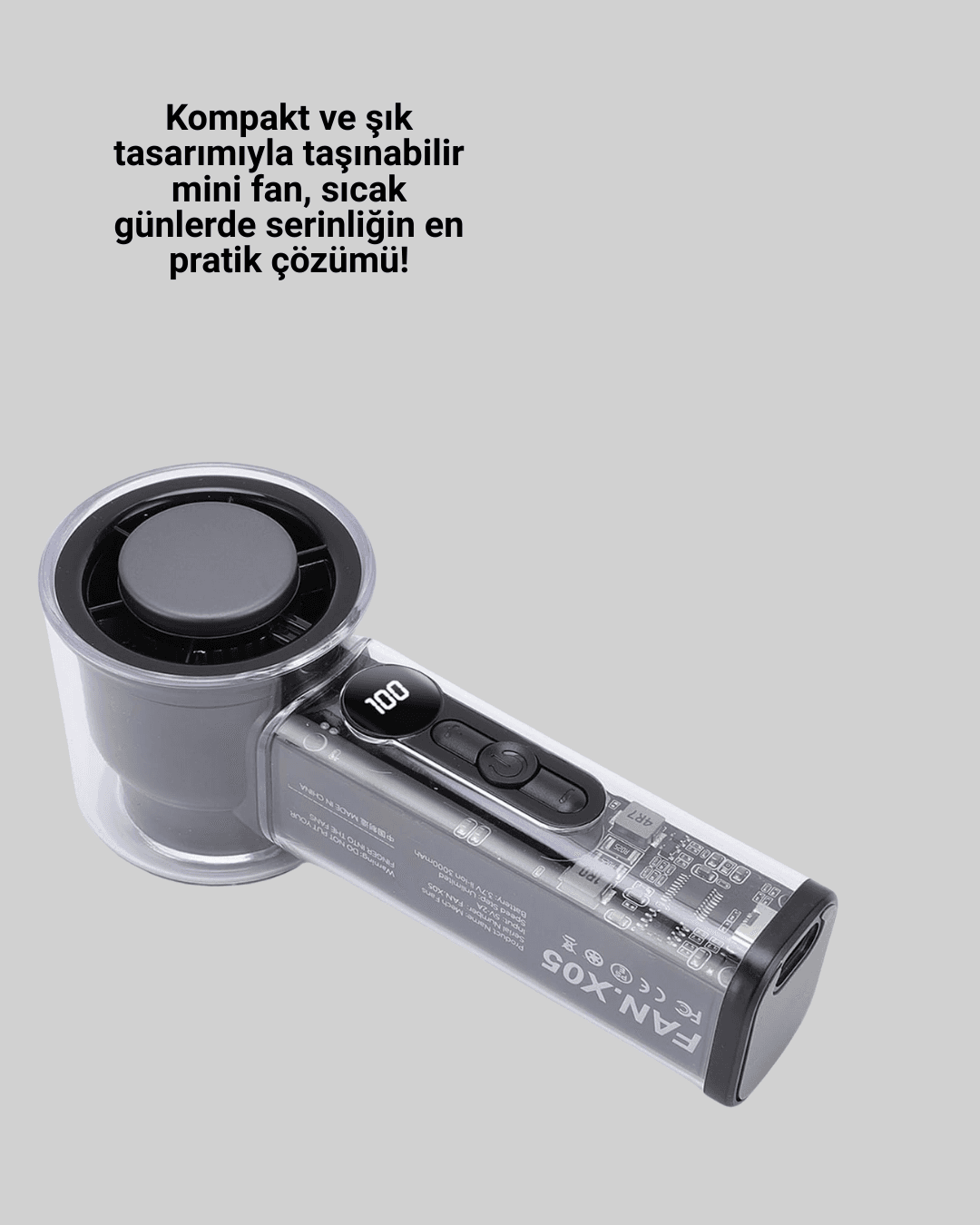 Dijital Ekranlı Şarjlı Mini Fan 100 Kademeli Hız Ayarı