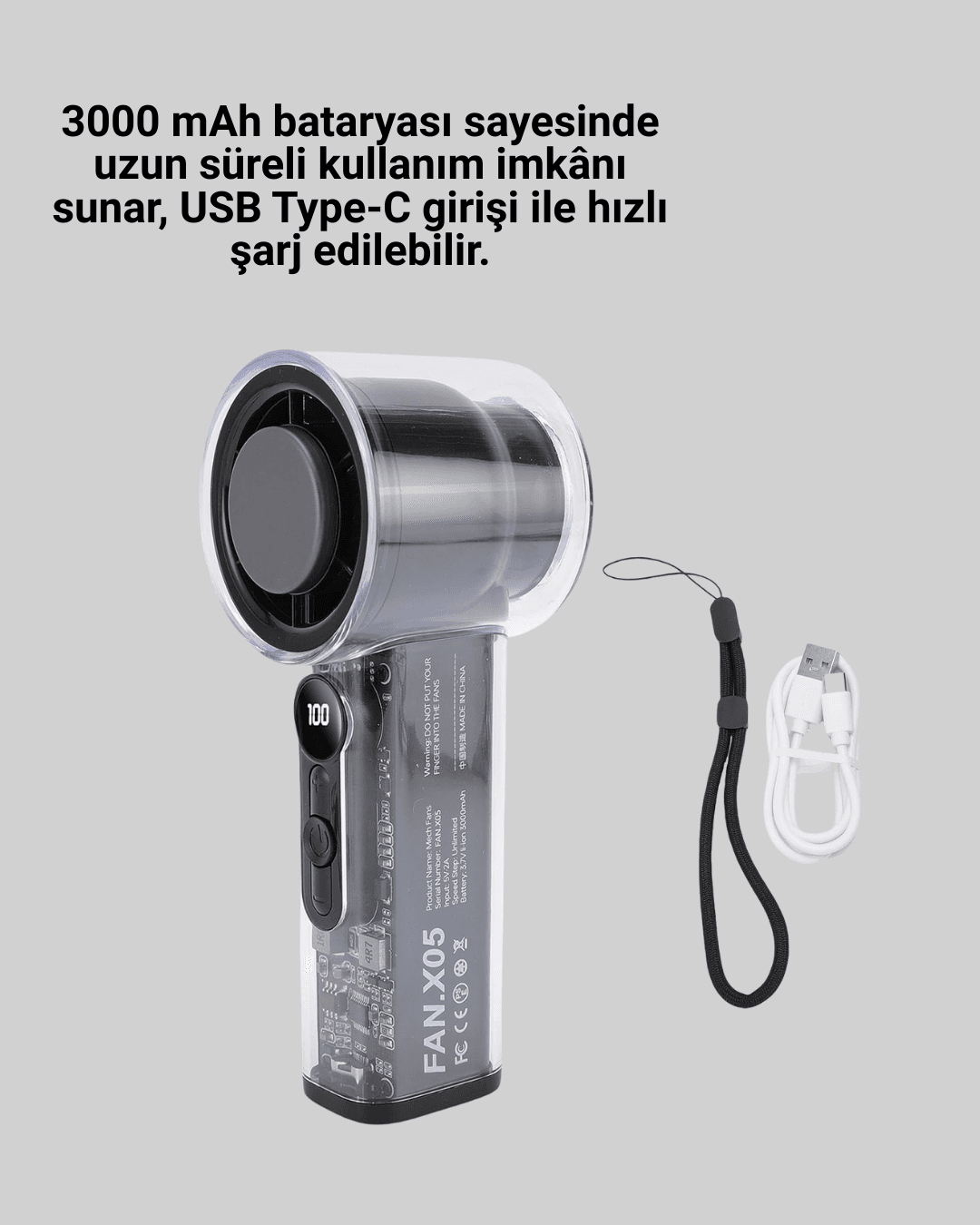 Dijital Ekranlı Şarjlı Mini Fan 100 Kademeli Hız Ayarı