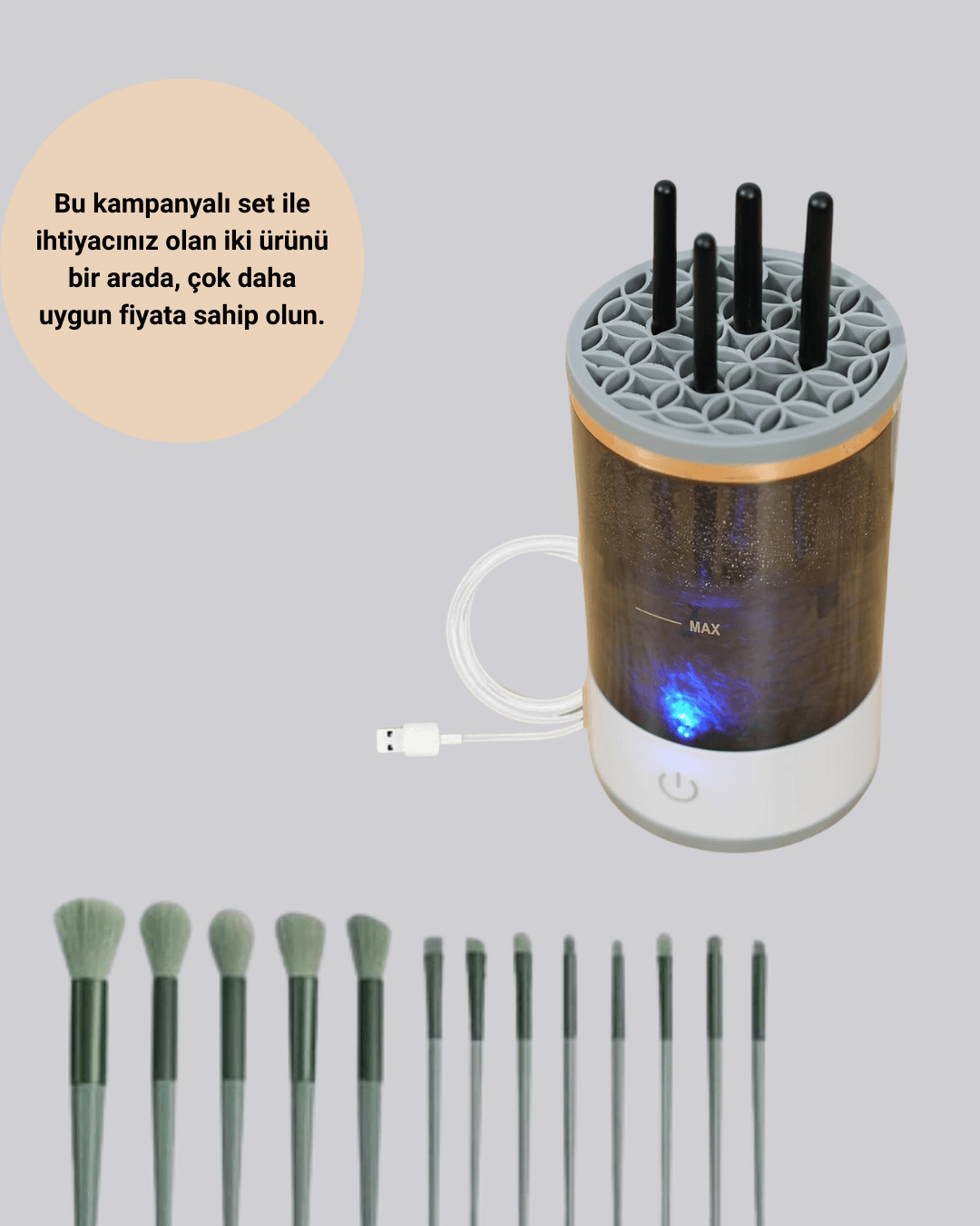 Profesyonel 13’lü Makyaj Fırçası + USB Fırça Temizleyici İkili Set
