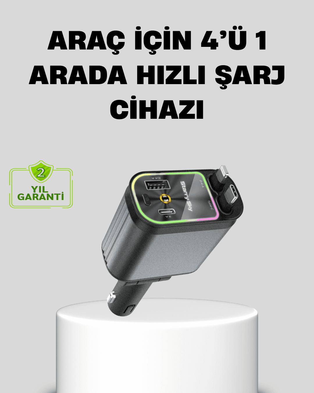 Araç Şarj Cihazı 66W 4 Portlu Hızlı Şarj ve LED Işıklı