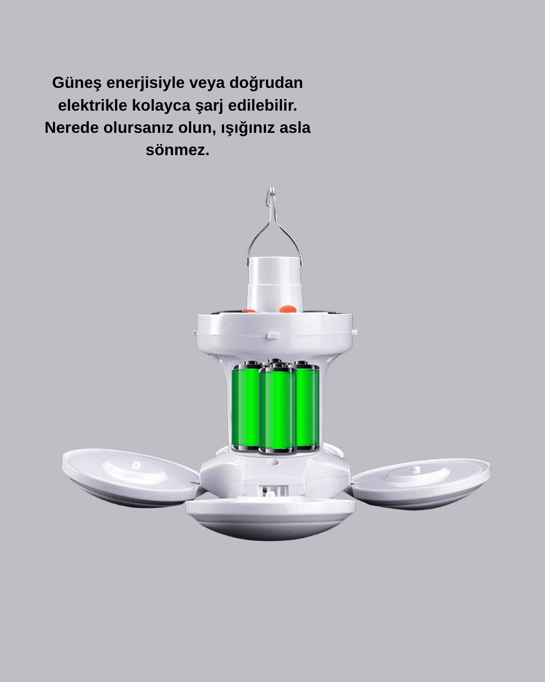 Güneş Enerjili ve USB Şarjlı LED Kamp Lambası – 5 Farklı Işık Modlu, Askılı Tasarım