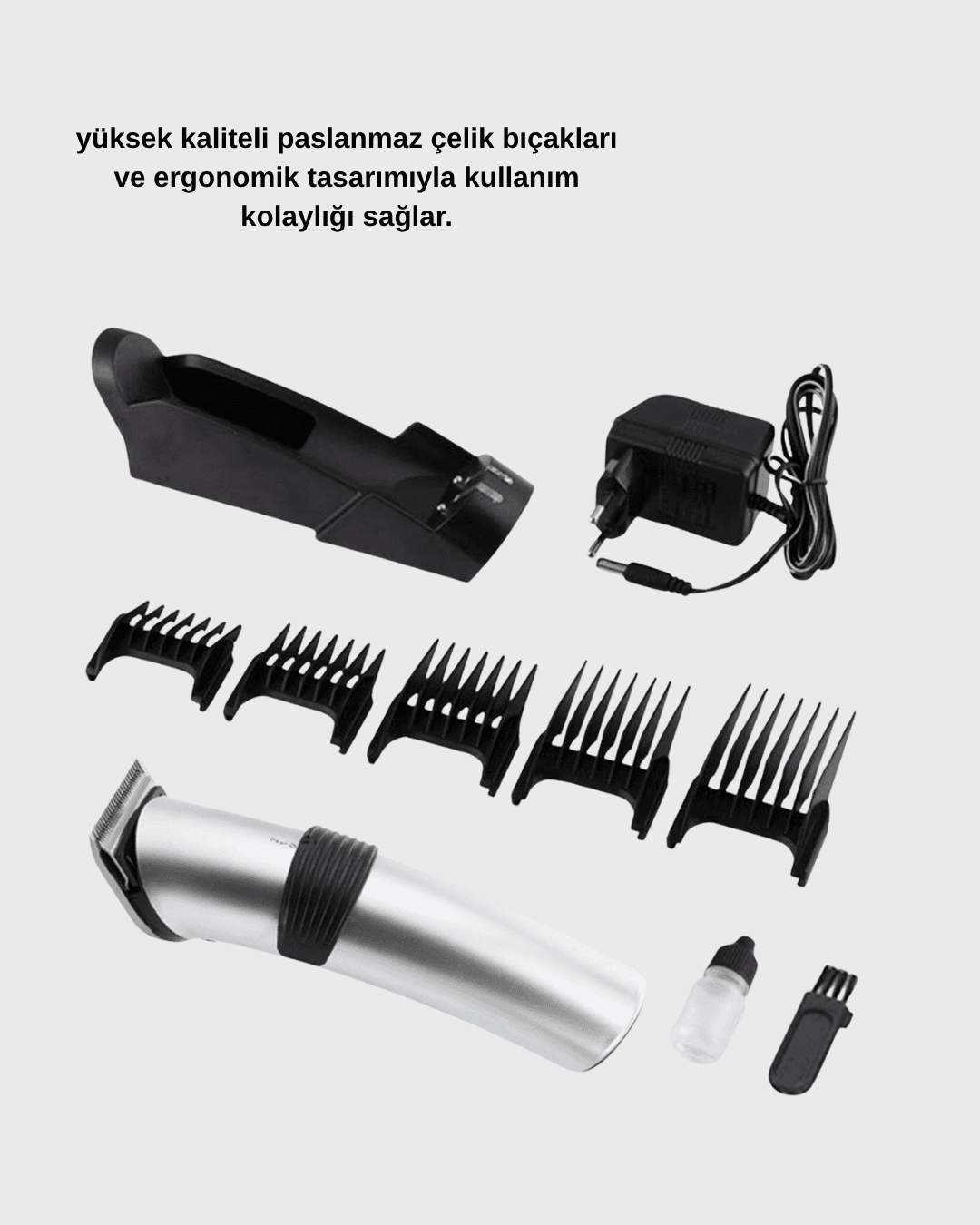 Profesyonel Şarjlı Saç ve Sakal Kesme Makinesi – Paslanmaz Çelik Bıçaklı, Ergonomik ve Sessiz Motorlu