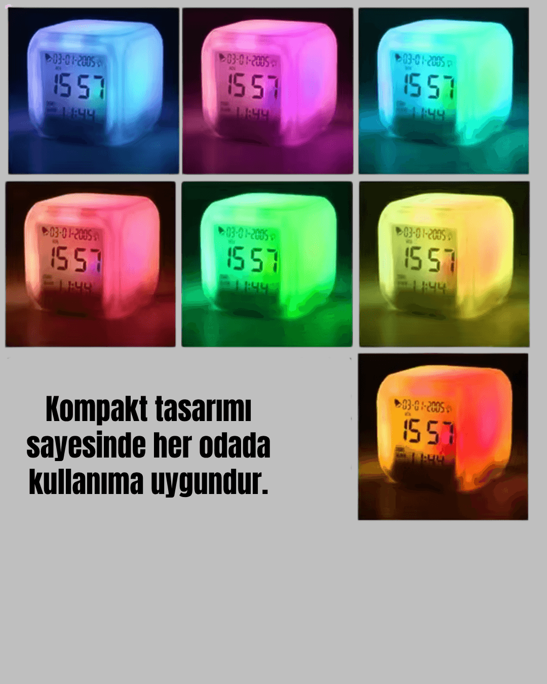 7 Renk LED Işıklı Alarmlı Dijital Küp Masa Saati Termometreli