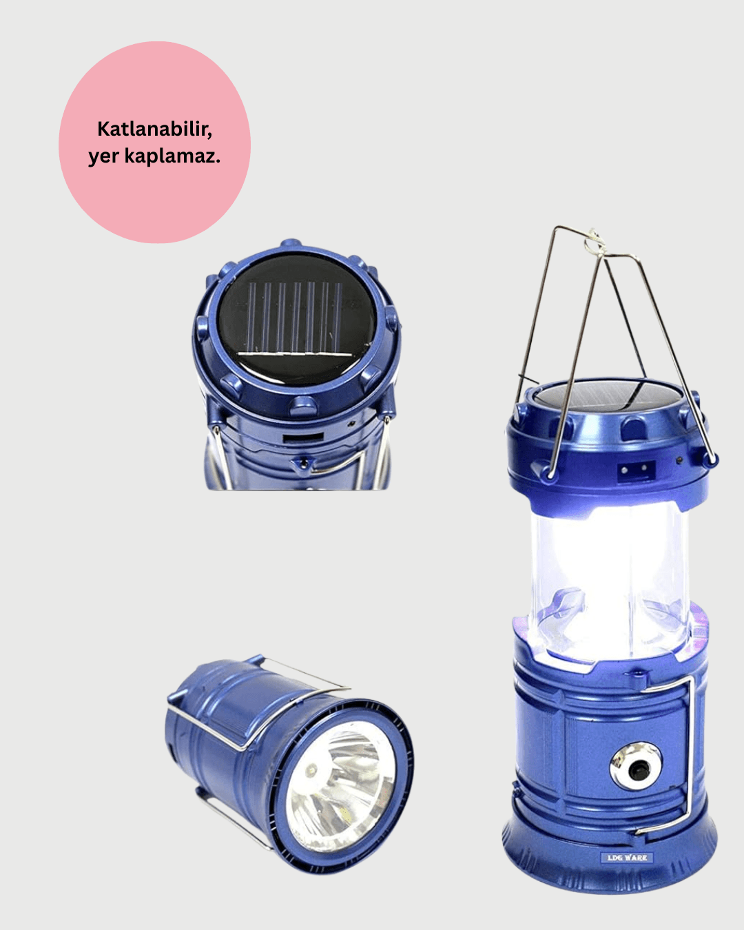 Güneş Enerjili Kızaklı Şarjlı Büyük Boy Kamp Feneri – USB Çıkışlı, Katlanabilir, Çok Fonksiyonlu