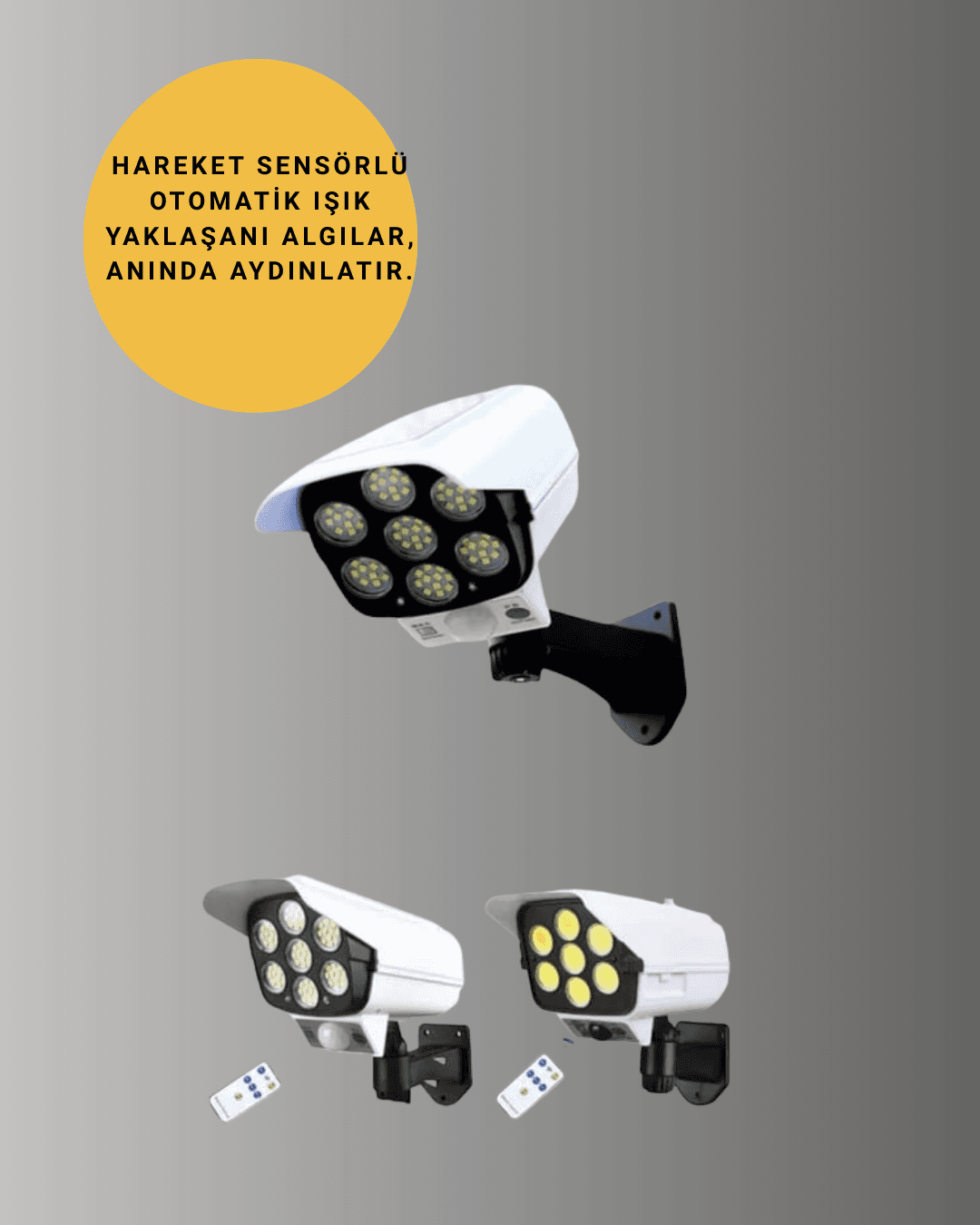 Güneş Enerjili LED Lamba + Güvenlik Kamerası Görünümlü– 5-8 m Hareket Algılamalı, Beyaz Işık