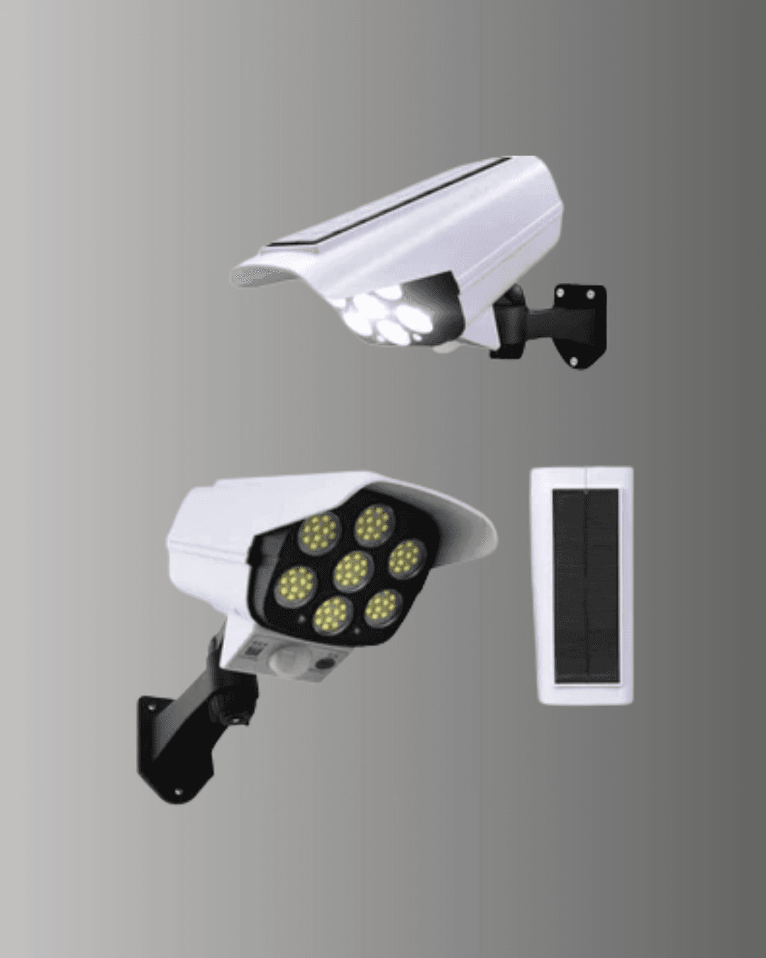 Güneş Enerjili LED Lamba + Güvenlik Kamerası Görünümlü– 5-8 m Hareket Algılamalı, Beyaz Işık