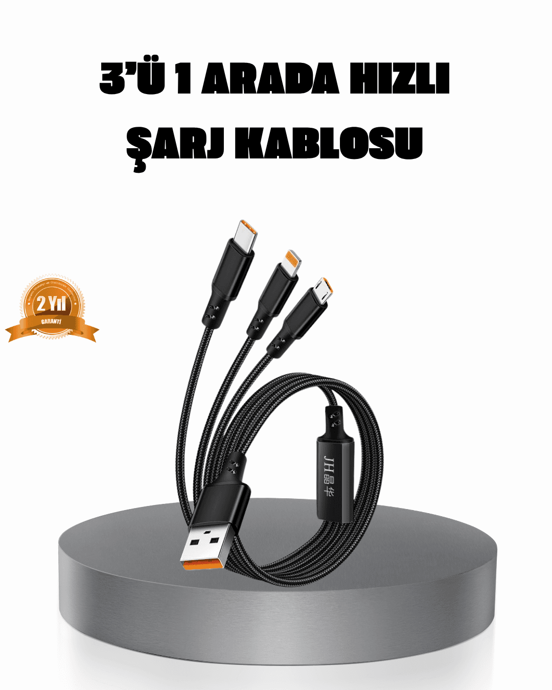 3’ü 1 Arada Şarj Kablosu Type-C iOS Android Uyumlu Hızlı ve Güvenli Şarj
