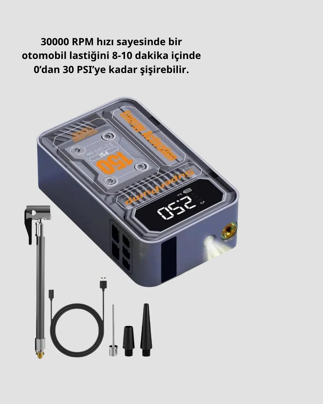 Taşınabilir Kablosuz Hava Pompası – 150 PSI Güçlü Basınç ve 6000mAh Şarjlı