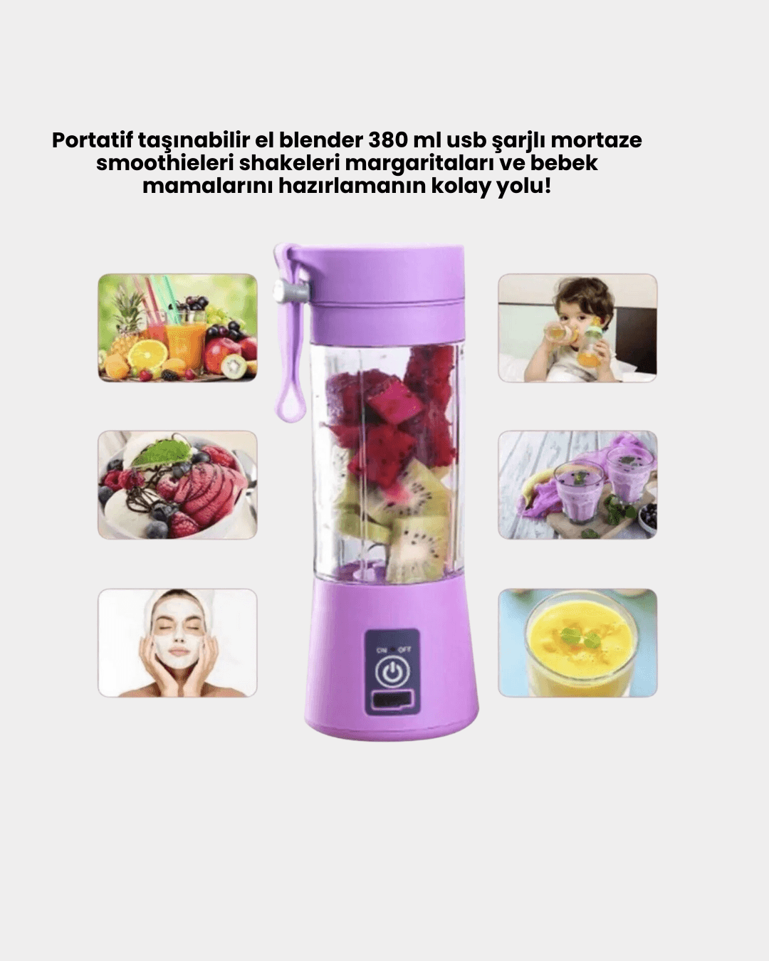 Taşınabilir USB Şarjlı Mini Smoothie Blender 380ml Çelik Bıçaklı Portatif