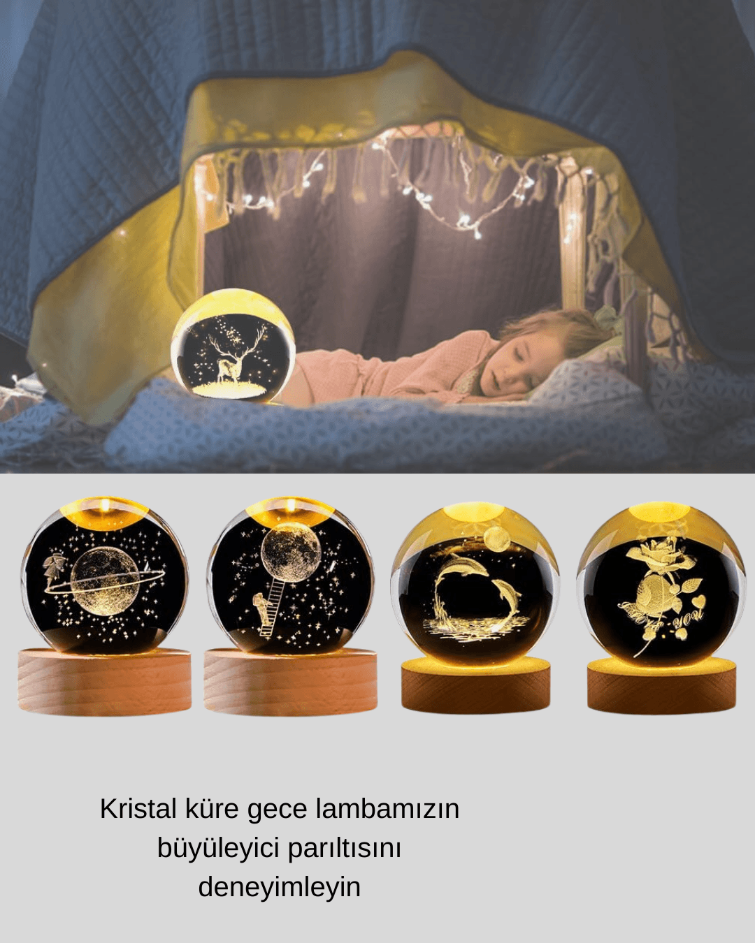 Yunus Figürlü LED Kristal Küre Ahşap Standlı Dekoratif Gece Lambası