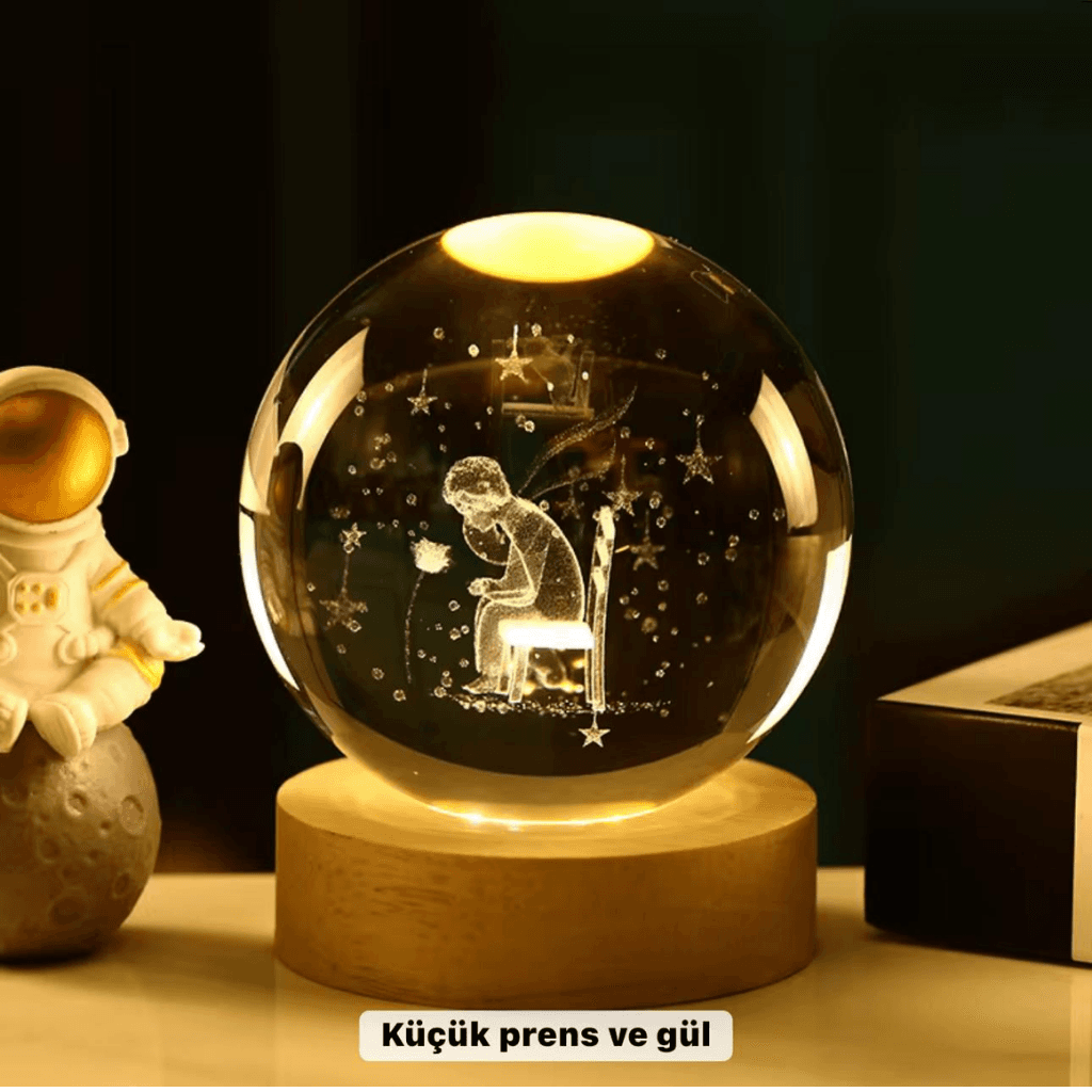 Küçük Prens Temalı Büyük Boy Işıklı Cam Küre Ahşap Stand