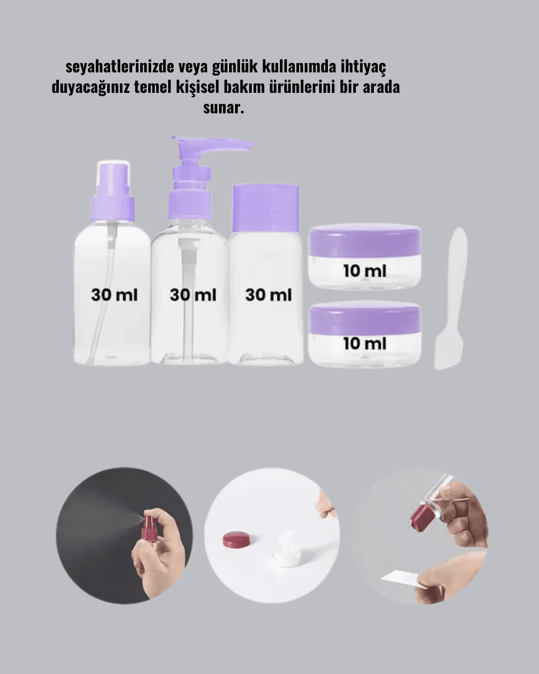 5 Parça Seyahat Kişisel Bakım Seti Şişe Sprey Krem Kutulu Yeni Nesil