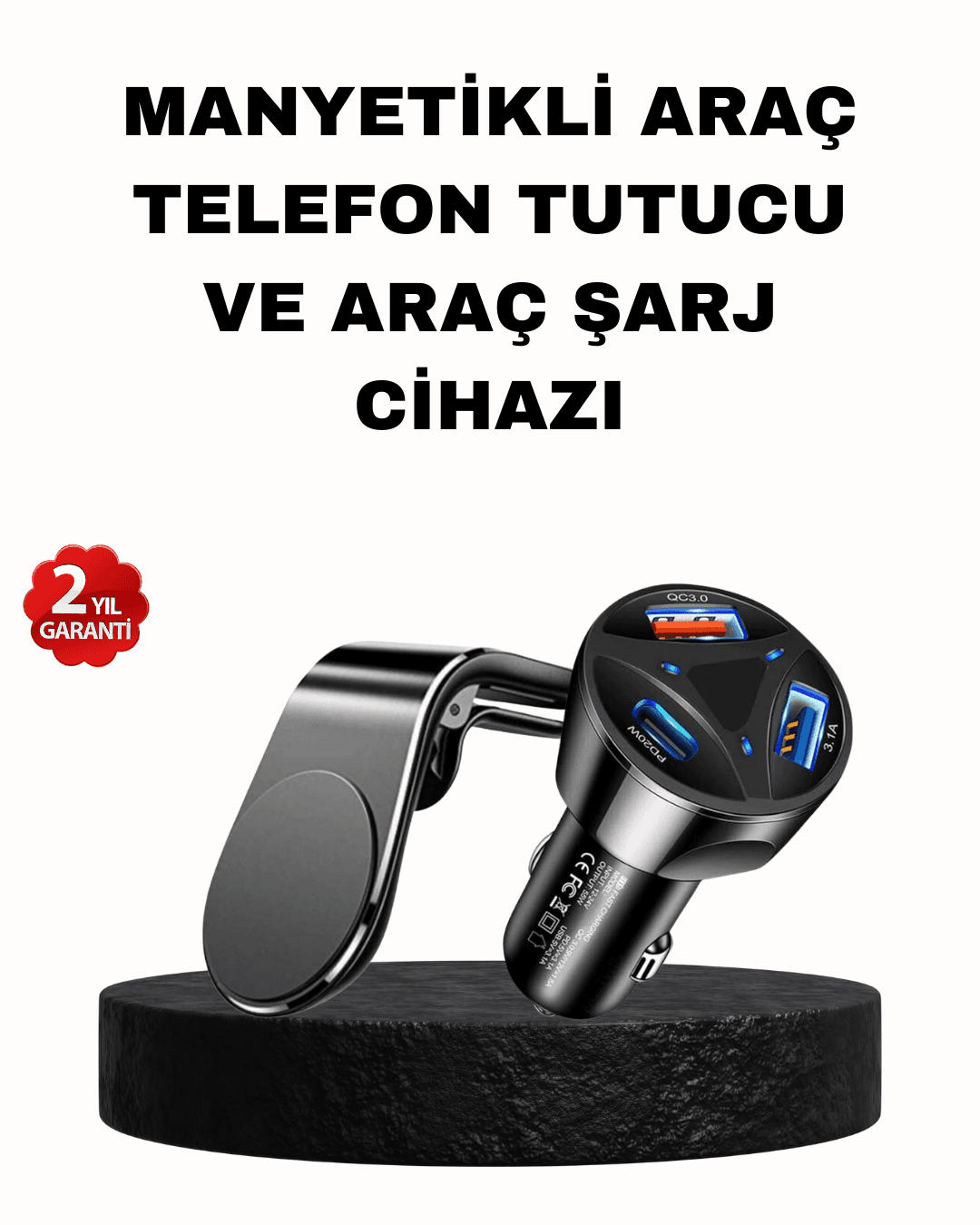 Manyetik Araç Telefon Tutucu ve Hızlı Şarj Adaptörü 2’li Set