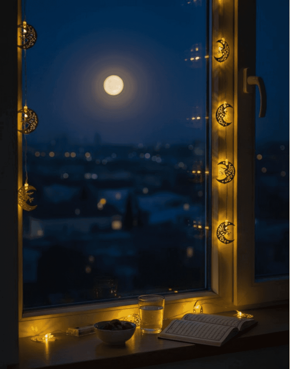 Ramazan Minare Detaylı Hilal LED Işık Günışığı Sarı Metal Süs