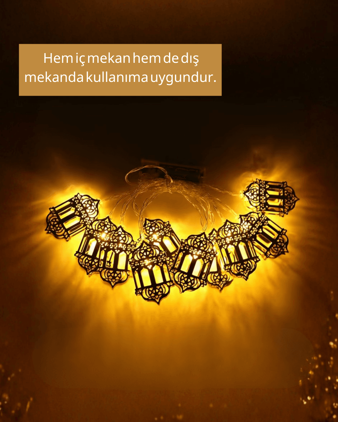 Pilli Ramazan Işıkları Altın Renk Fener Figürlü LED Süsleme