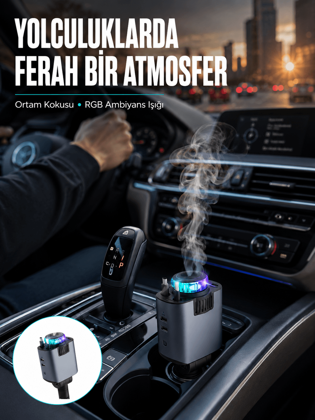 Araç İçi Çok Fonksiyonlu Şarj Cihazı Hava Nemlendirici Aroma ve Yıldız Işık Yeni Nesil