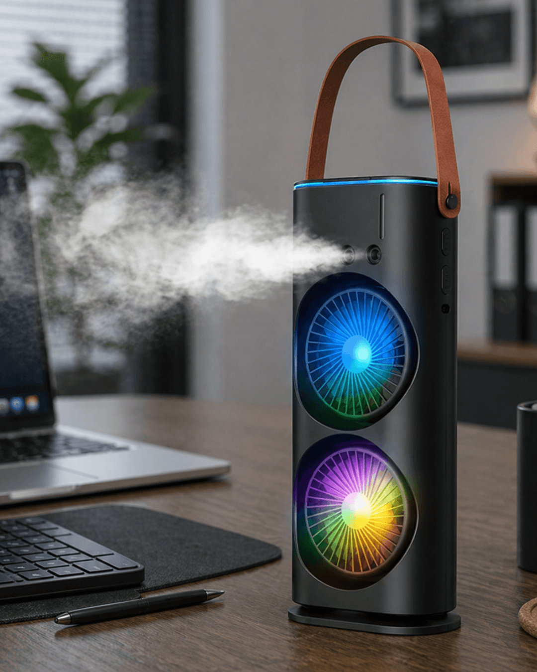 Çift Başlıklı Taşınabilir Fan RGB Işıklı Sprey Nemlendiricili Masaüstü Serinletici Fan