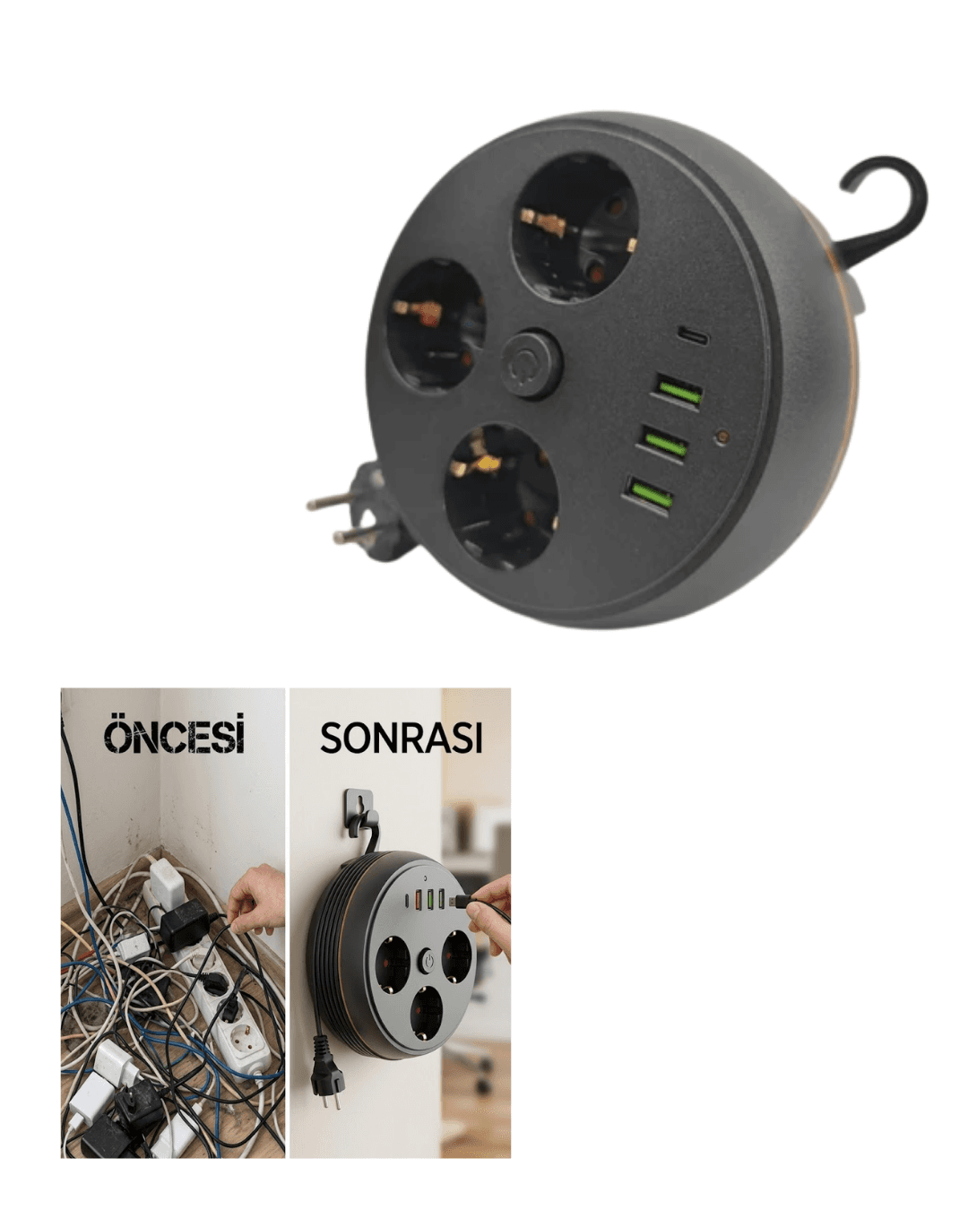 Akım Korumalı Priz USB ve Type C Girişli 3lü Priz 2 Metre Kablo Dayanıklı