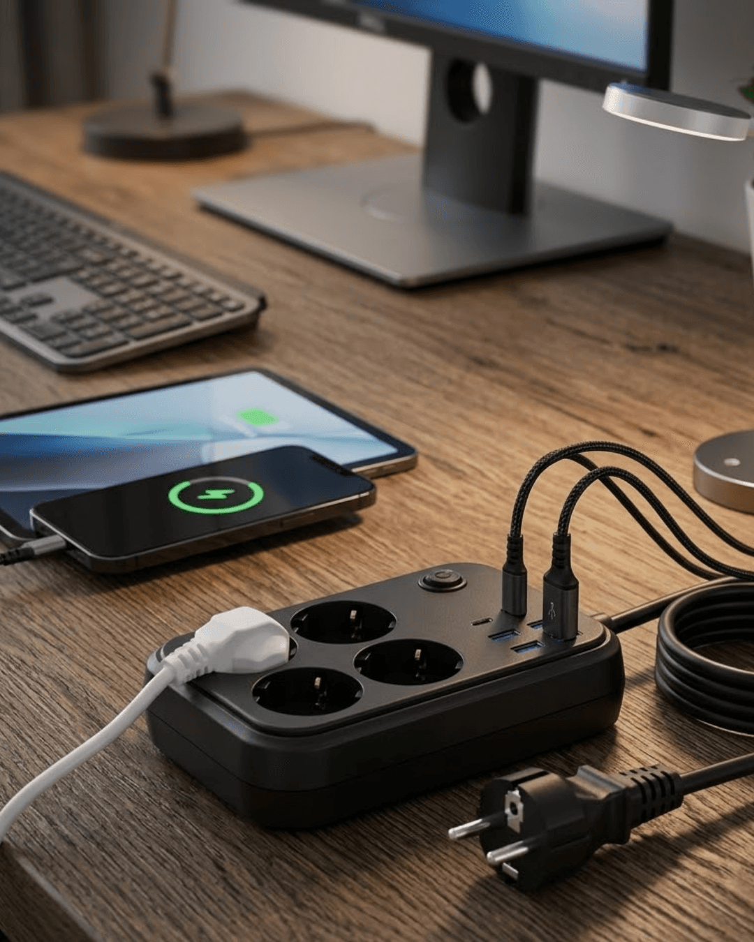Termal Korumalı Uzatma Kablosu 4 Priz USB ve Type C Çoklu Şarj İstasyonu