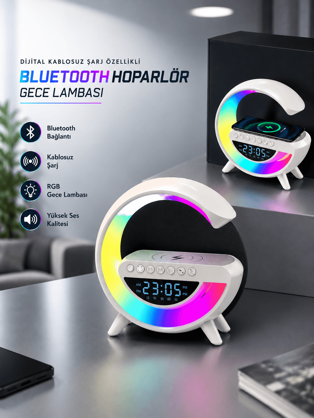Bluetooth Hoparlör 15W Kablosuz Hızlı Şarj LED Gece Lambası