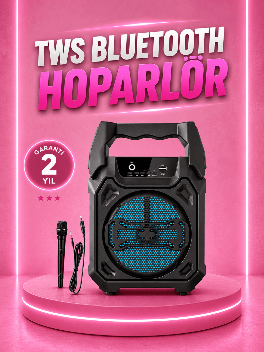 Taşınabilir 6.5” Bluetooth Hoparlör USB TF Kart Mikrofonlu Şarjlı Sistem