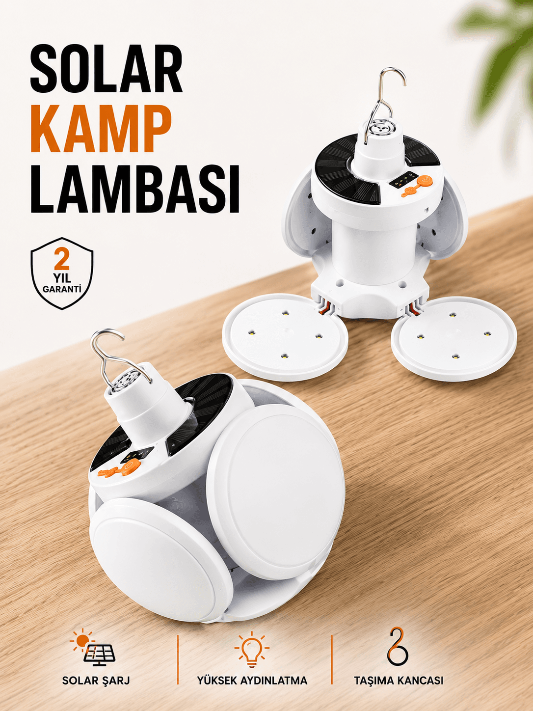 Kamp Lambası Işıldak Beyaz Işık Güneş Enerjili Solar Aydınlatma 5 Kanatlı Katlanabilir