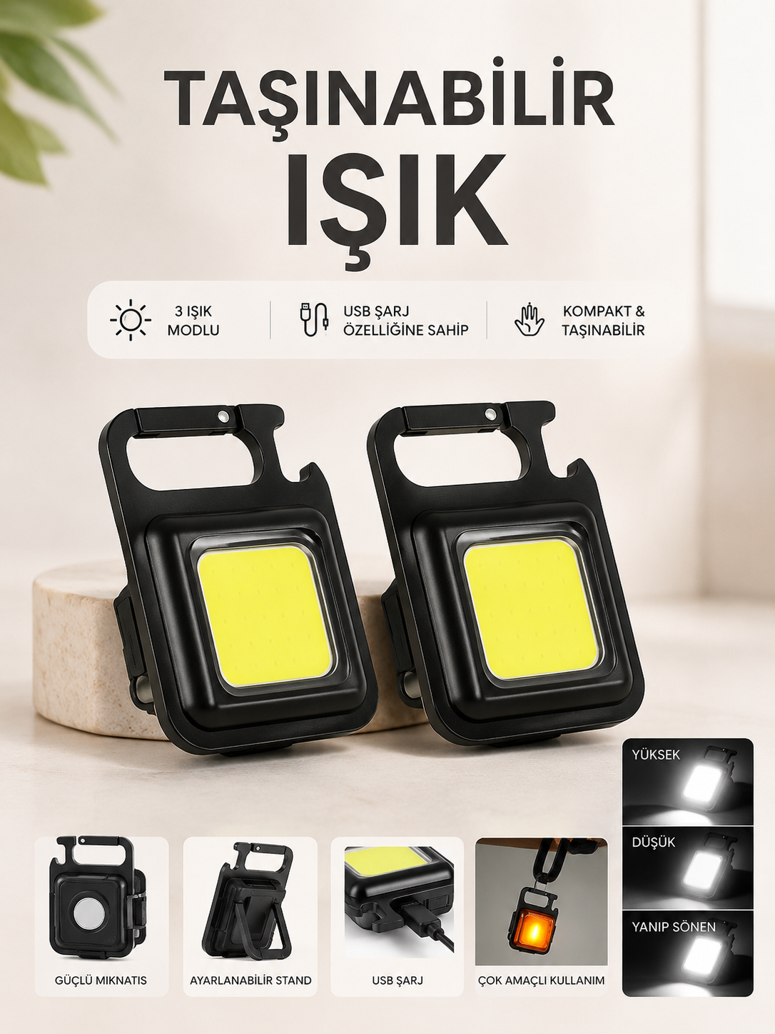 TAŞINABİLİR IŞIK 3 IŞIK MODLU USB ŞARJ ÖZEELİĞİNE SAHİP