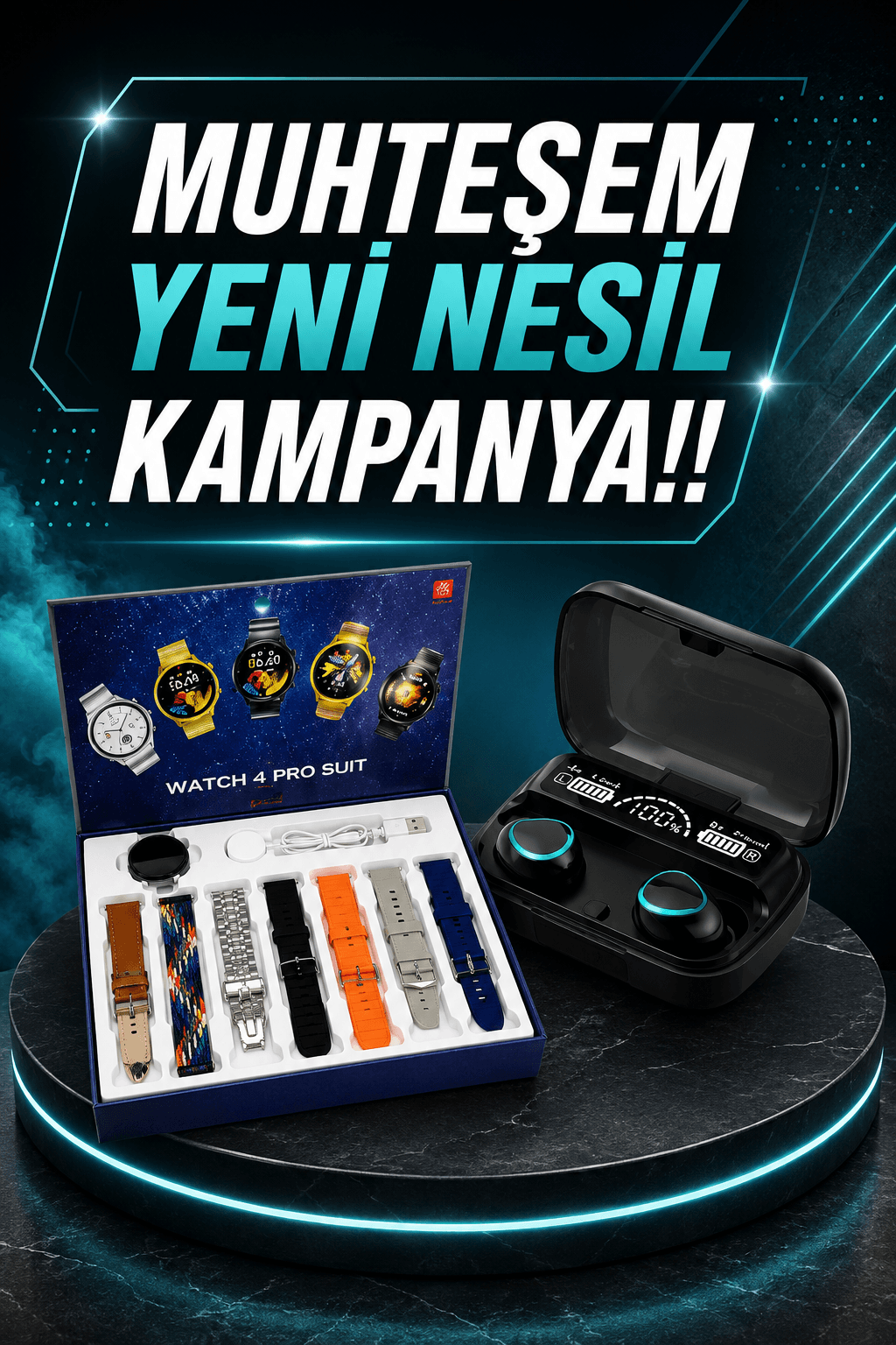 Ucuz Kaliteli Yeni Nesil 7 Kordonlu Akıllı Saat ve Kablosuz Bluetooth Kulaklık ANC Özelliği