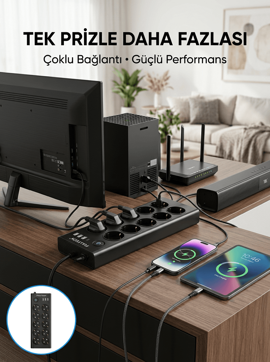 10 Prizli USB Destekli Çoklu Priz Type-C Şarj Girişli Güvenli Güç Ünitesi